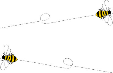 Bee flying path. A bee flying in a dotted line. The flight path of bee. Bee flying on a dotted route. Hand drawn bees illustration.