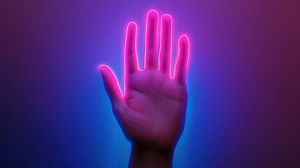 Fototapeta premium Glowing hand silhouette with neon pink outline against gradient background evokes sense, AI fingerprint fortune telling concept