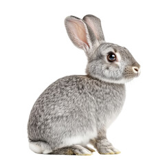 Obraz premium Side view of a sitting gray rabbit, cut out and isolated on a transparent background 