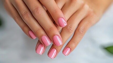 Fototapeta premium Beautifully manicured hands of a woman with elegant nail art design, placed on a salon table with soft lighting.