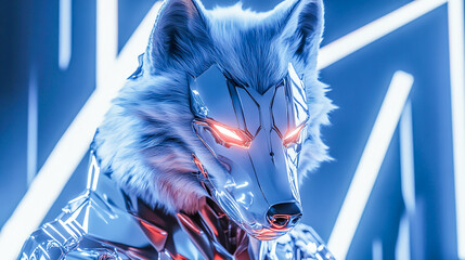Futuristic chrome wolf sentinel gleaming under sharp white lights, guarding the neon night