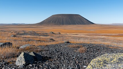 A large, dark-colored volcanic crater dominates the landscape, surrounded by a vast expanse of dry, golden grasses and rocks.