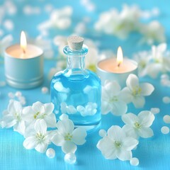 Spa Aromatherapy: Blue Essential Oil Bottle with Candles and White Flowers