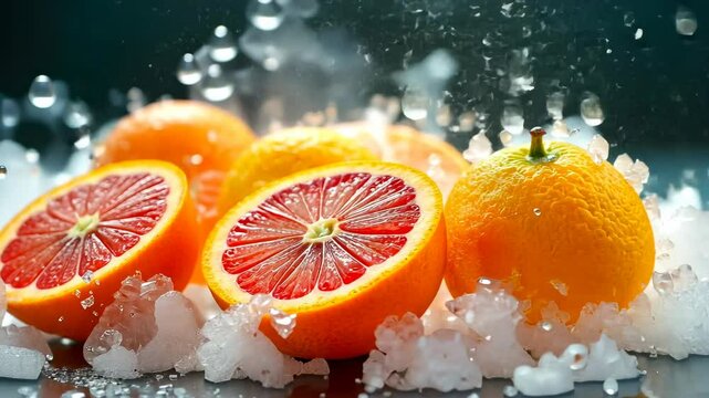 Display fruit, citrus refreshment, icy oranges. Fresh zesting. Oranges sparkle amidst snowy texture. Lemon zest enhances cold desserts. Grapefruit tang complements winter treats.