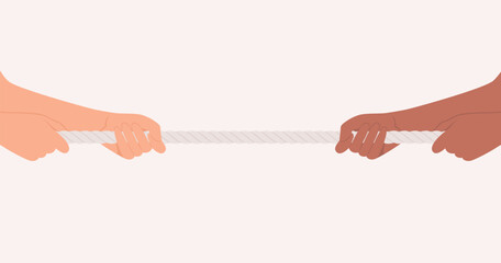 Hands of people of different nationalities and skin tones pulling a rope in opposite directions. Flat vector illustration © Alrika 