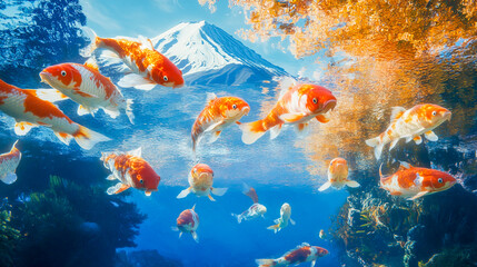 Koi Fish Swimming Under Mount Fuji Reflections