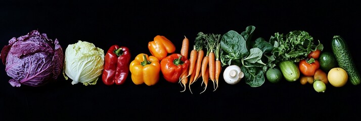 Vibrant rainbow of fresh vegetables on black background.