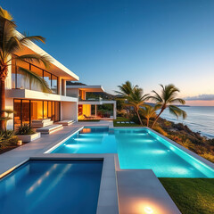 modern villa exterior with big swimming pool