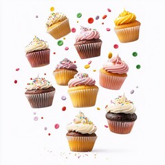 Assorted colorful cupcakes with sprinkles levitating against a white background.