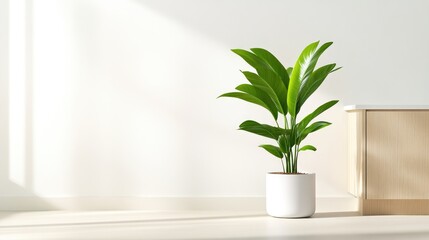 Indoor Plant in White Pot Minimalist Style High-Resolution Soft Lighting Vertical Close-up View Lush Green Foliage Home Decor Bright Serene Tones Ideal for Interior Design Blogs