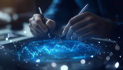 Close-up of hands using stylus pens on tablet, analyzing glowing financial charts.