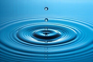 Water droplets creating circular ripples on a blue background.