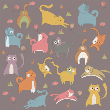 seamless pattern with funny cat, set of illustrations funny cats. stickers with pets. Cute illustrations cats with funny faces, facial expressions. Pictures for stickers, decals, cards, funny inscript