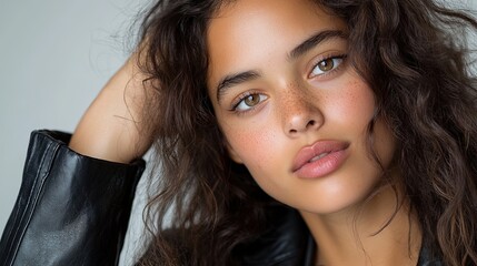 Close-up portrait of a mixed-race woman with long wavy hair, wearing bold eyeliner and a leather jacket, giving a fierce and edgy look