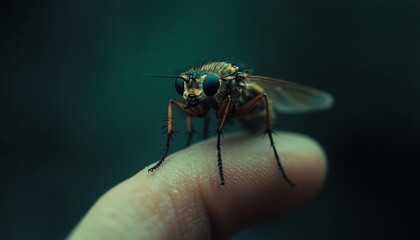Close-up of a fly perched on a fingertip against a blurred green background.