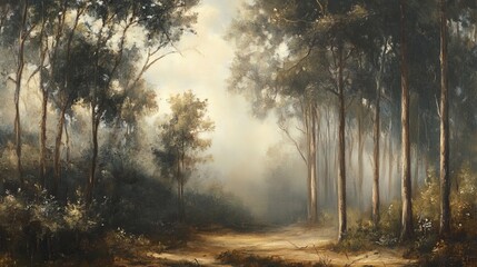 Serene misty forest path landscape painting with tall trees fog art oil gold calm bush woods light