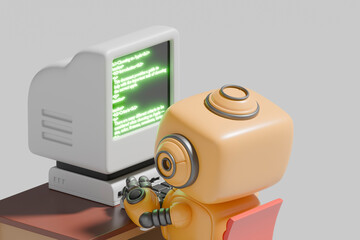 3D rendering of a robot working on a computer coding at a desk
