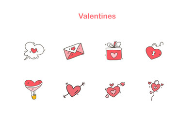 Various love and romance icons in cute and playful hand-drawn illustration