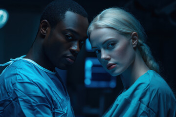 Two surgeons standing together in operating room after surgery