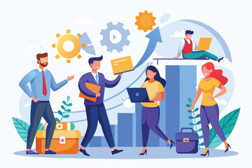 Illustration of a diverse team working together with laptops and charts, symbolizing successful collaboration in a dynamic business setting. Features growth elements and professional attire.