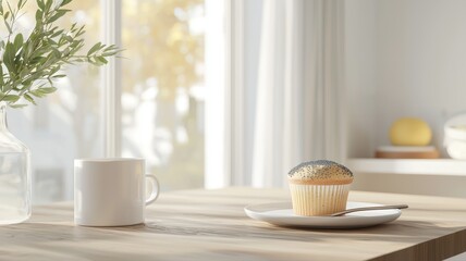 Fototapeta premium Morning Still Life: Cupcake, Coffee, and Serene Window Light cupcake poppy seeds coffee cup mug vase