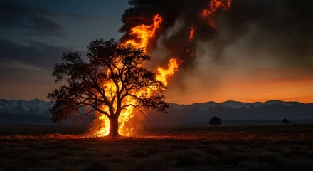 Fiery Sunset: A Burning Tree Against a Mountainous Landscape