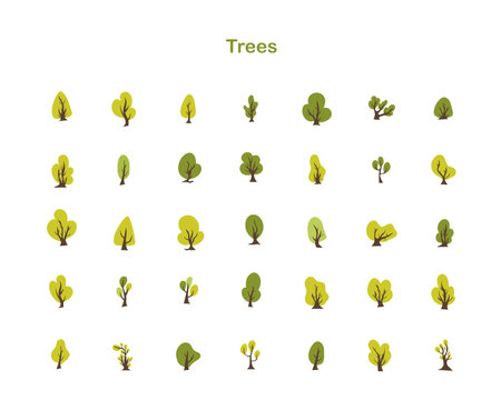 Collection of flat style green trees for nature and forest themes