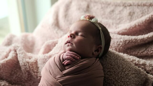 Newborn, Adorably Swaddled In A Blanket Sleeps Peacefully