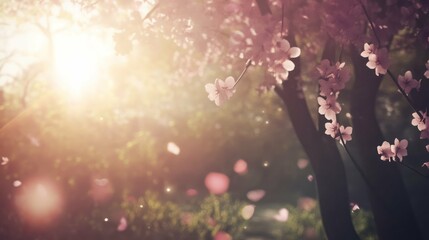 Dreamy cherry blossoms with falling petals in warm sunlight, a serene 