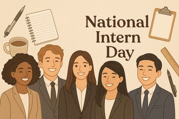 Celebrating National Intern Day with a group of diverse professionals in formal attire