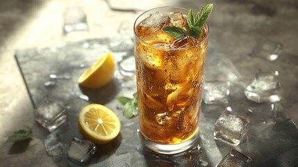 Iced tea in tall glass with lemon and mint, surrounded by ice cubes on a dark surface.