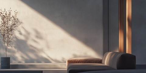 Sunlit minimalist living room interior with sofa and dried plant.