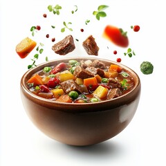 Delicious beef stew in a rustic bowl with fresh vegetables and herbs flying around it, isolated on white background.