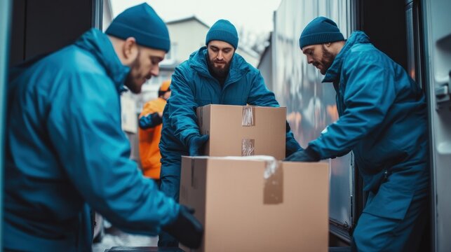 Team of workers loading large cardboard boxes into a truck