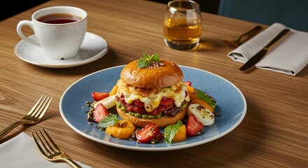 Delicious Burger with Side Dish on Plate Alongside Tea and Drink