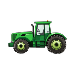 Green tractor in motion across a farmland landscape