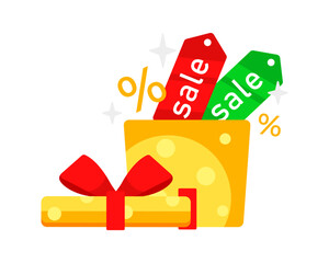 Gift box and sale tags coming out, offering discounts and promotions