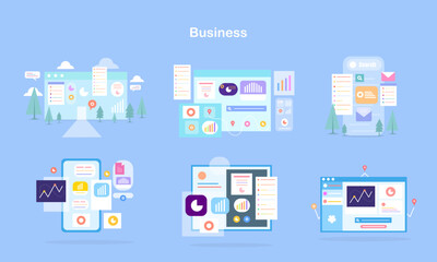 A digital business-themed dashboard showing email interfaces and screen elements in blue tone