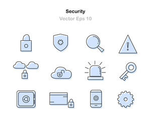 A professional icon set for digital and physical security featuring locks shields alarms and identity icons