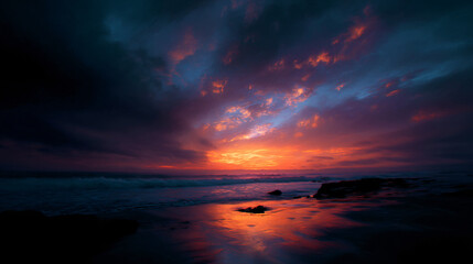 Dramatic sunset over ocean digital art vibrant colors, wide-angle view nature-inspired design