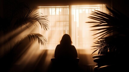 A woman sits in a chair by a window, with sunlight streaming in and casting a silhouette of the room.