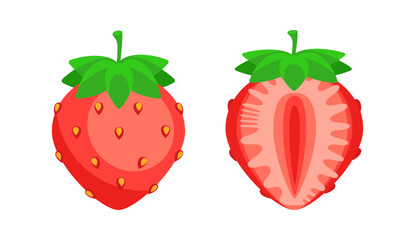 Two Strawberries Showing Whole Fruit and Cross Section on White Background