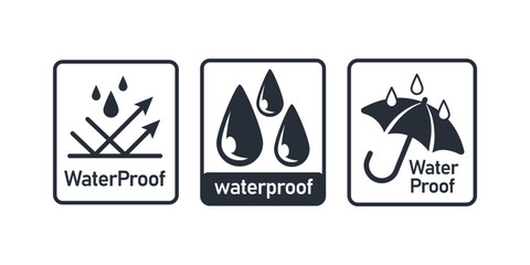 Waterproof Icons Showing Water Repellency and Umbrella Protection