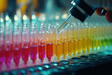 Scientist dropping liquid with automatic pipette in test tubes during medical research