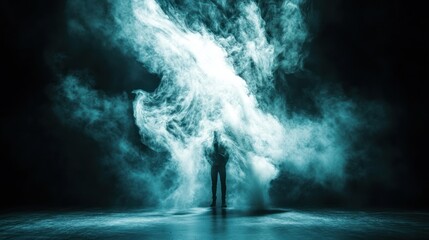 A person standing within billowing clouds of swirling vapor