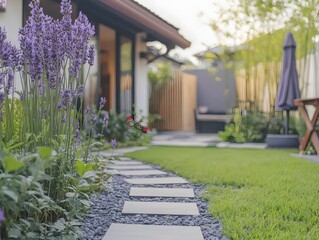 Serene Lavender Garden Path Modern Backyard Landscape Design