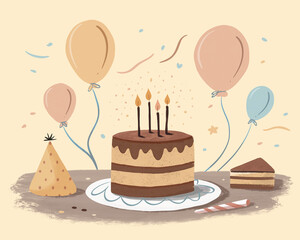 Illustration of a birthday cake with candles and balloons for a celebration