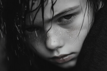 Fototapeta premium Young boy with wet face looking pensively in the rain