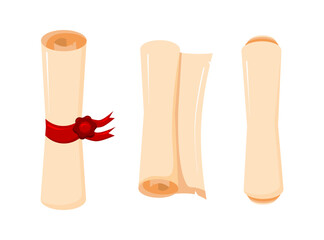 Set of ancient paper scrolls tied with red ribbons and sealed with wax