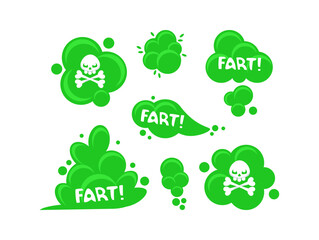 Green fart clouds with skull and crossbones, representing smelly and toxic fumes